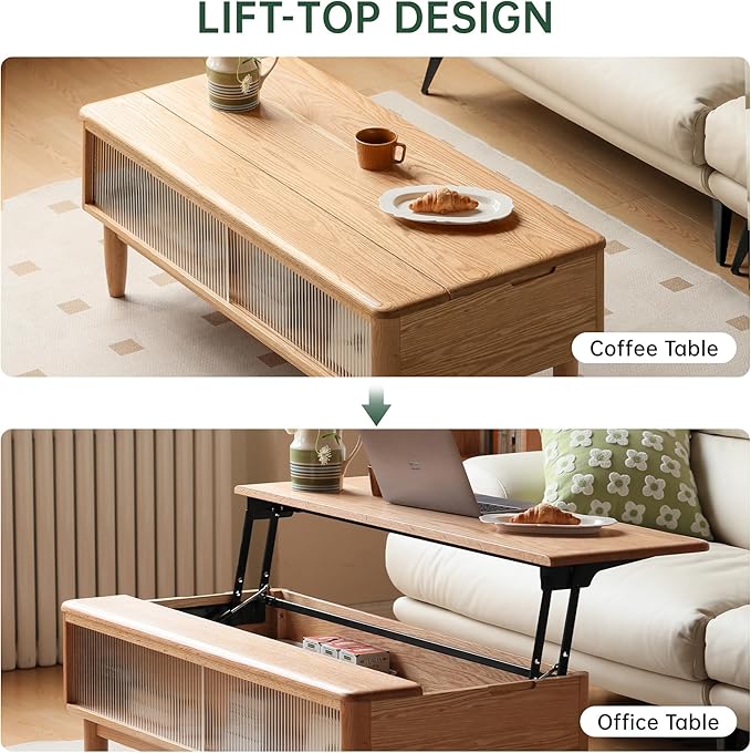 Wood Lift Top Coffee Table, 100% Solid Oak Wood Log Color Coffee Table with Glass Sliding Door, Rectangular Coffee Tables with Storage for Living Room Home Decor(47.24" W)