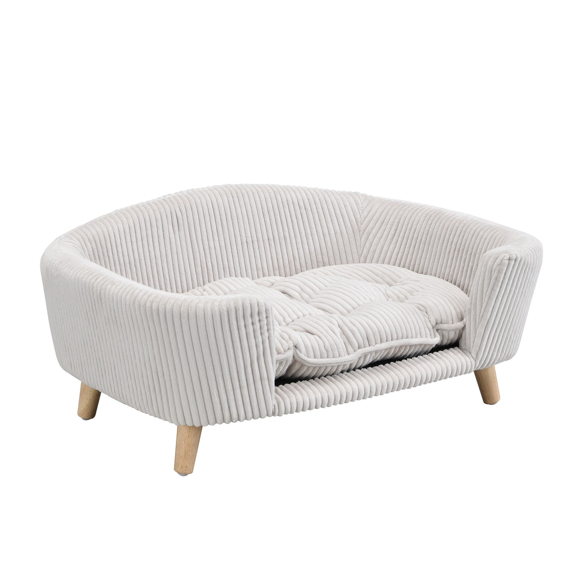 Elevated Dog Bed Frame for Small Dog, Corduroy Pet Couch Bed with Rubber Wood Legs and Supportive Foam, Beige , Easy Assembly