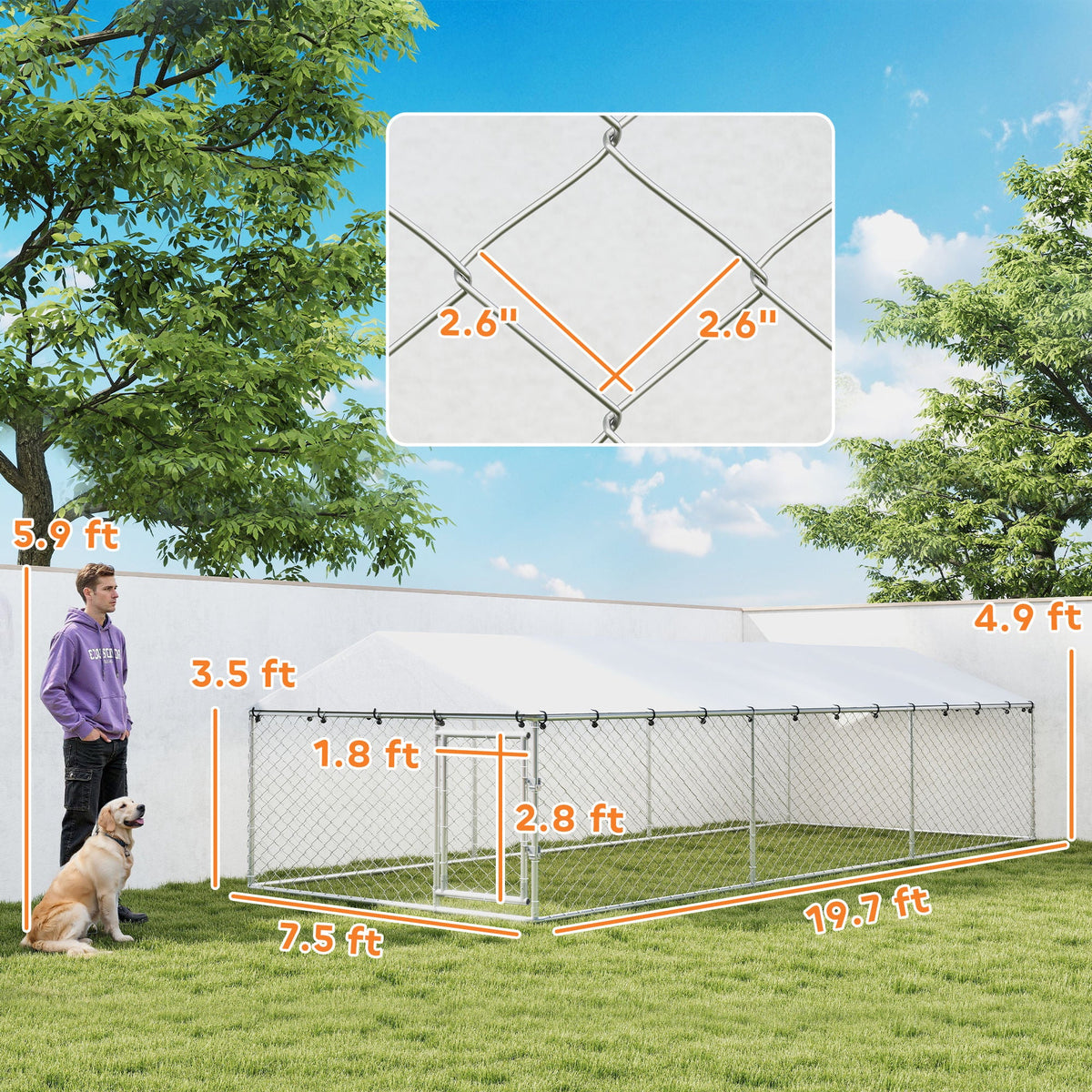 20 x 7.5 x 5 Dog Kennel Outdoor for Large Dogs with Waterproof Roof, Silver