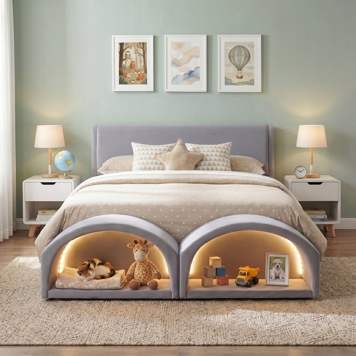 Queen Size Upholstered Platform Bed Frame with Dual Cat Caves, LED Lighted Pet Nests at Footboard, Gray