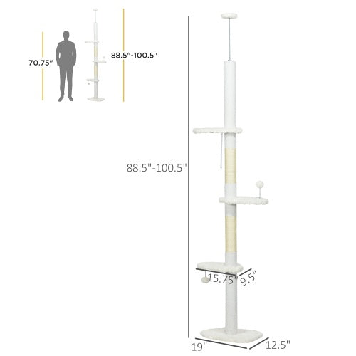 PawHut Floor To Ceiling Cat Tree With Scratching Posts, 88.5-100.5 Adjustable Height, Cat Climbing Tower With Cloud Shape Platforms, Toy Balls, Anti-toppling Device, White
