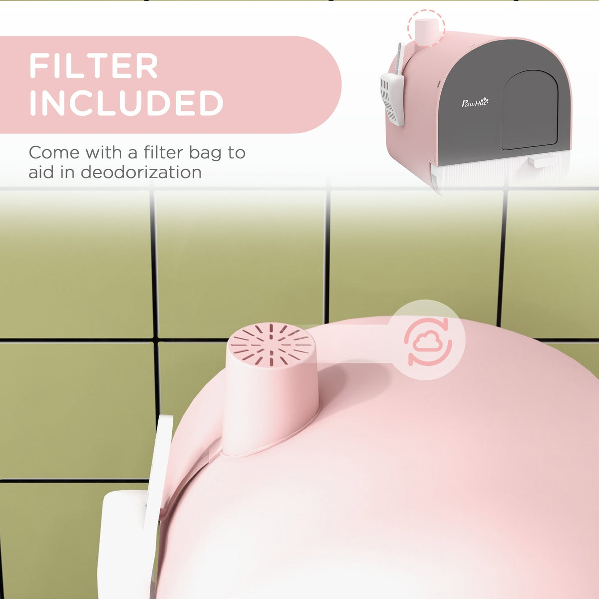 Cat Litter Box with Lid with Scoop and Filter, Pink