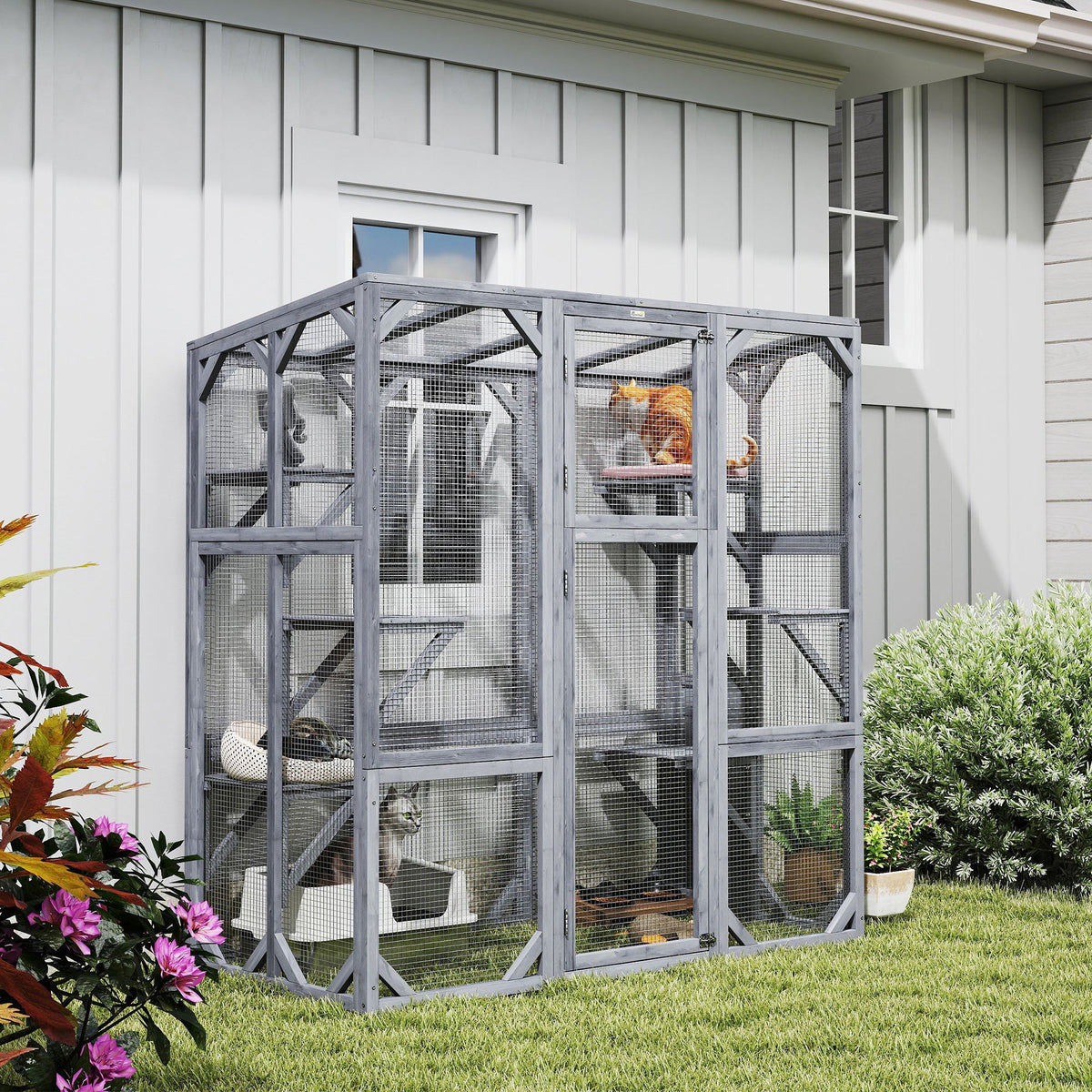 Large Wooden Catio Outdoor with 6 Jumping Platforms, Weatherproof Roof, for 1-3 Cats, 59" x 28" x 60", Gray