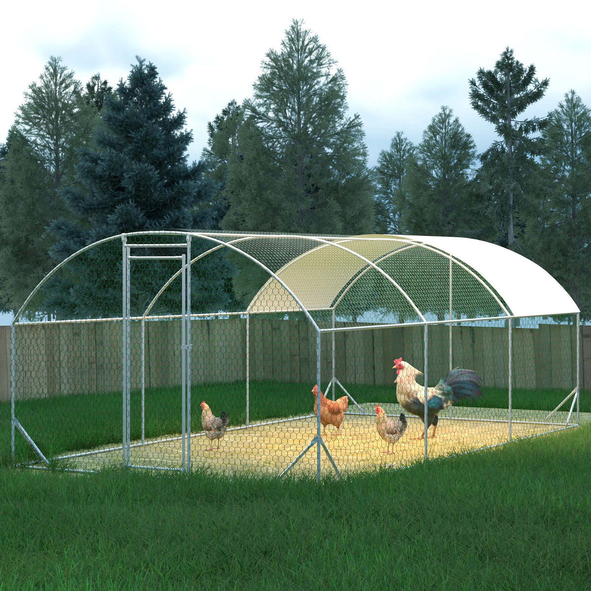 Large Chicken Coop Metal Chicken Run With Waterproof And Anti-UV Cover, Dome Shaped Walk-in Fence Cage Hen House For Outdoor And Yard Farm, 9.84 X 19.68 X 6.56 Ft