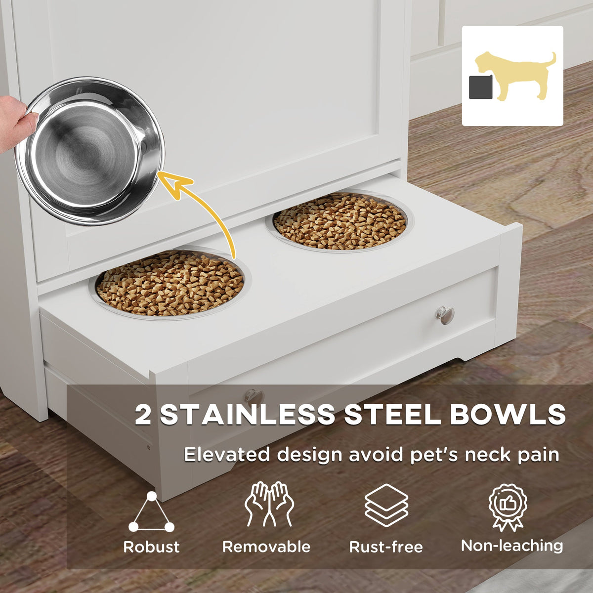 Dog Feeding Station with Two Storage Cabinets, 2 Elevated Dog Bowls, Side Hooks, Anti-tip Kit, for Feeding & Watering