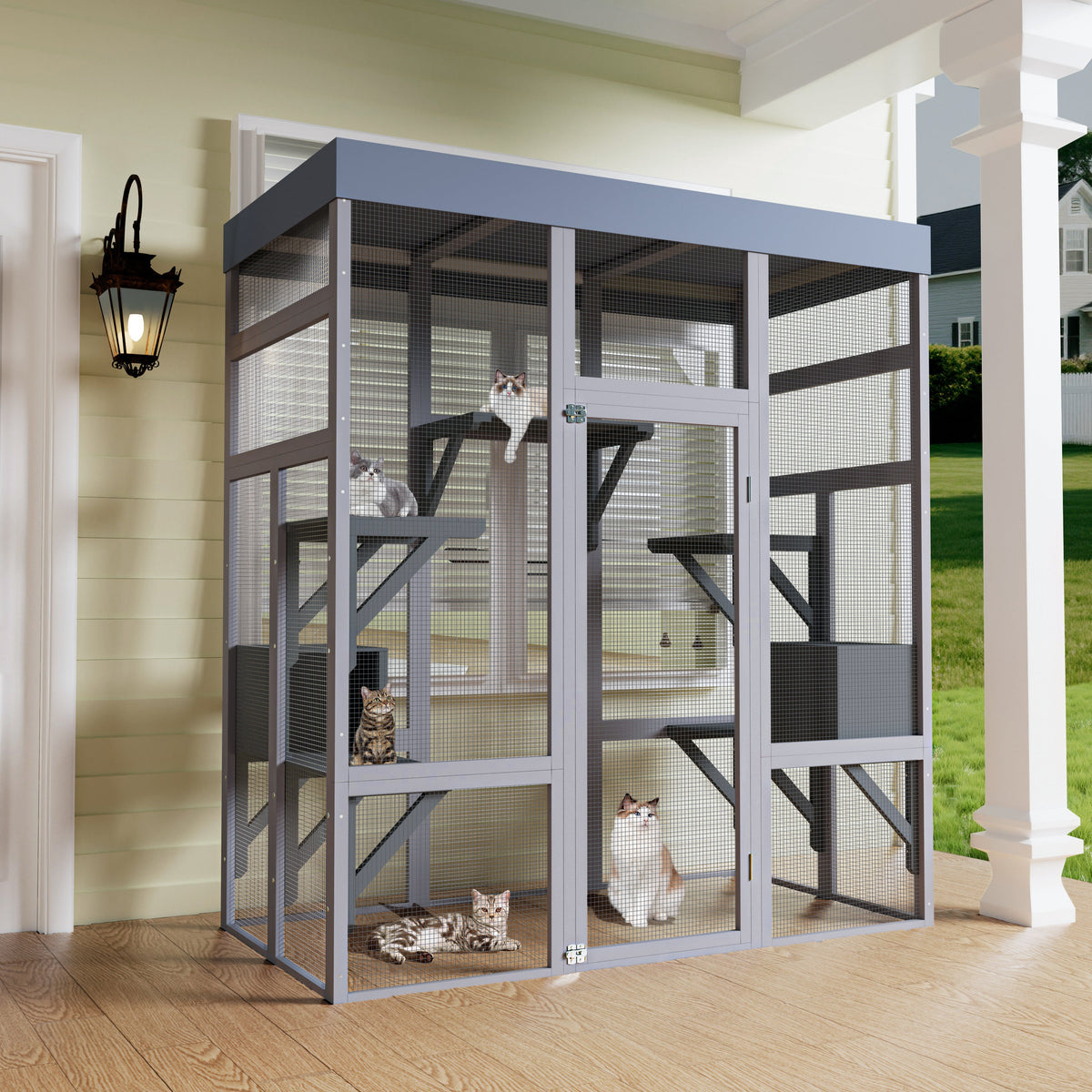 62.6" Wooden Outdoor Catio for Cats, Large Cat Enclosure with Waterproof Roof, 2 Napping House, Platforms & Galvanized Wire – Pet Cage for Backyard or Patio
