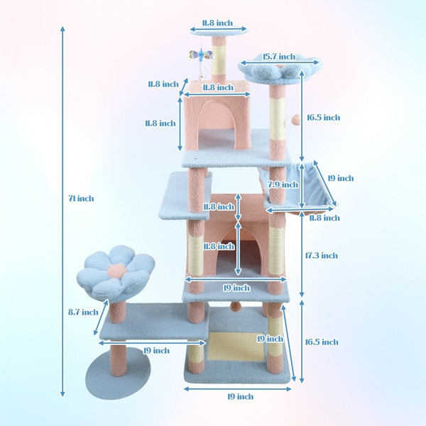 71 Inch Flower Cat Tree With Large Condo Removable Flower Cushion And Hammock Blue