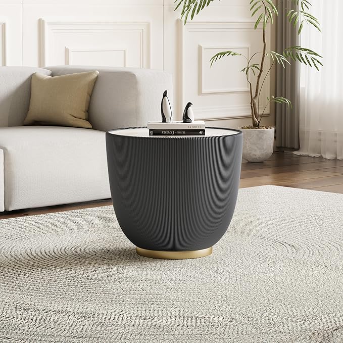 Grey Round Coffee Table with Sintered Stone Tabletop, 19.69 Drum Coffee Table with Fluted PU Leather Covered and Metal Base, Circle Cocktail Tea Table for Living Room