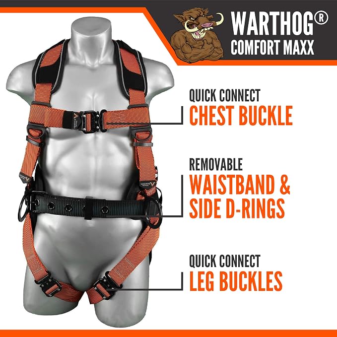 Warthog Comfort MAXX - Safety Harness for Construction – Fall Protection Equipment with Removable Belt and Lumbar Support, Side D-Rings, and Padding, OSHA & ANSI Compliant (L-XL)