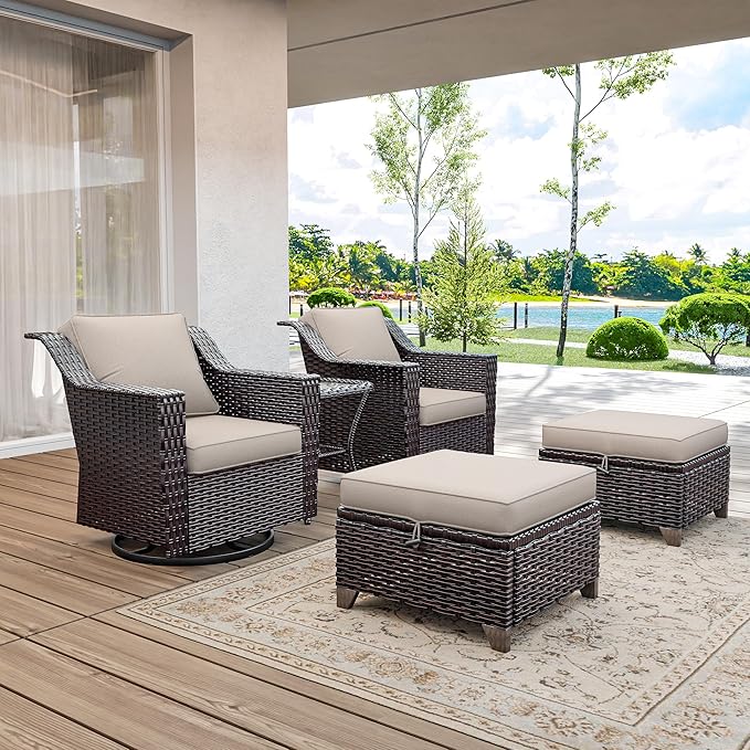 5 Pieces Wicker Patio Furniture, Luxury Outdoor Furniture with 2 Patio Swivel Chair, 2 Patio Ottoman and 1 Side Table, Wide Armrest, Thickened Cushions, Ideal for Deck, Porch Use