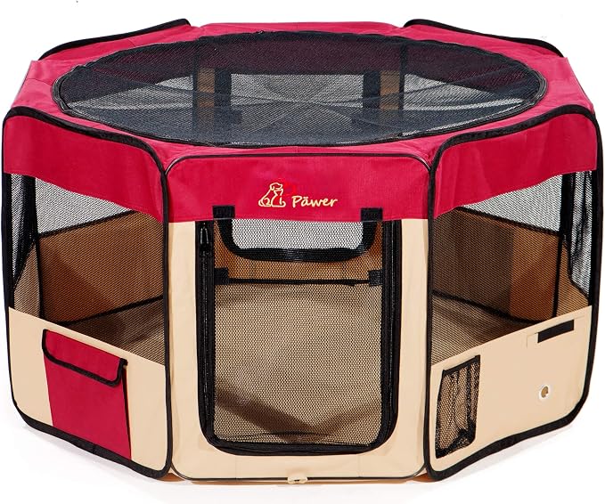 Pawer 45”×24” 8-Panel Foldable Pet Playpen, Burgundy+Beige, Personalize Embroidery Extra Fabric Piece Available, for Cat/Dog/Puppy, 600D Oxford Cloth Portable Indoor & Outdoor Kennel with Carry Bag