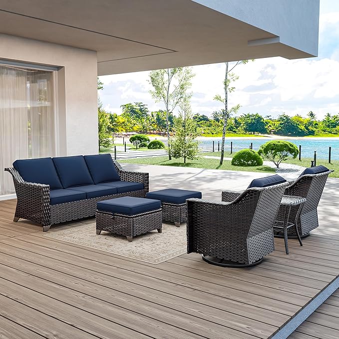 6 Pieces Wicker Patio Furniture, Luxury Outdoor Furniture with 2 Patio Swivel Chair, 3-Seater Sofa, 2 Patio Ottoman and 1 Side Table, Wide Armrest, Thickened Cushions