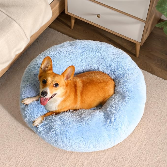 Western Home Calming Donut Small Dog Cat Bed Washable Puppy Bed,24" | Fluffy Faux Fur Round Cuddler,Anti-Anxiety,Anti-Slip Bottom,Pet Beds for Puppy&Small Dog&Large Cat,Up to 25 LBS Light Blue