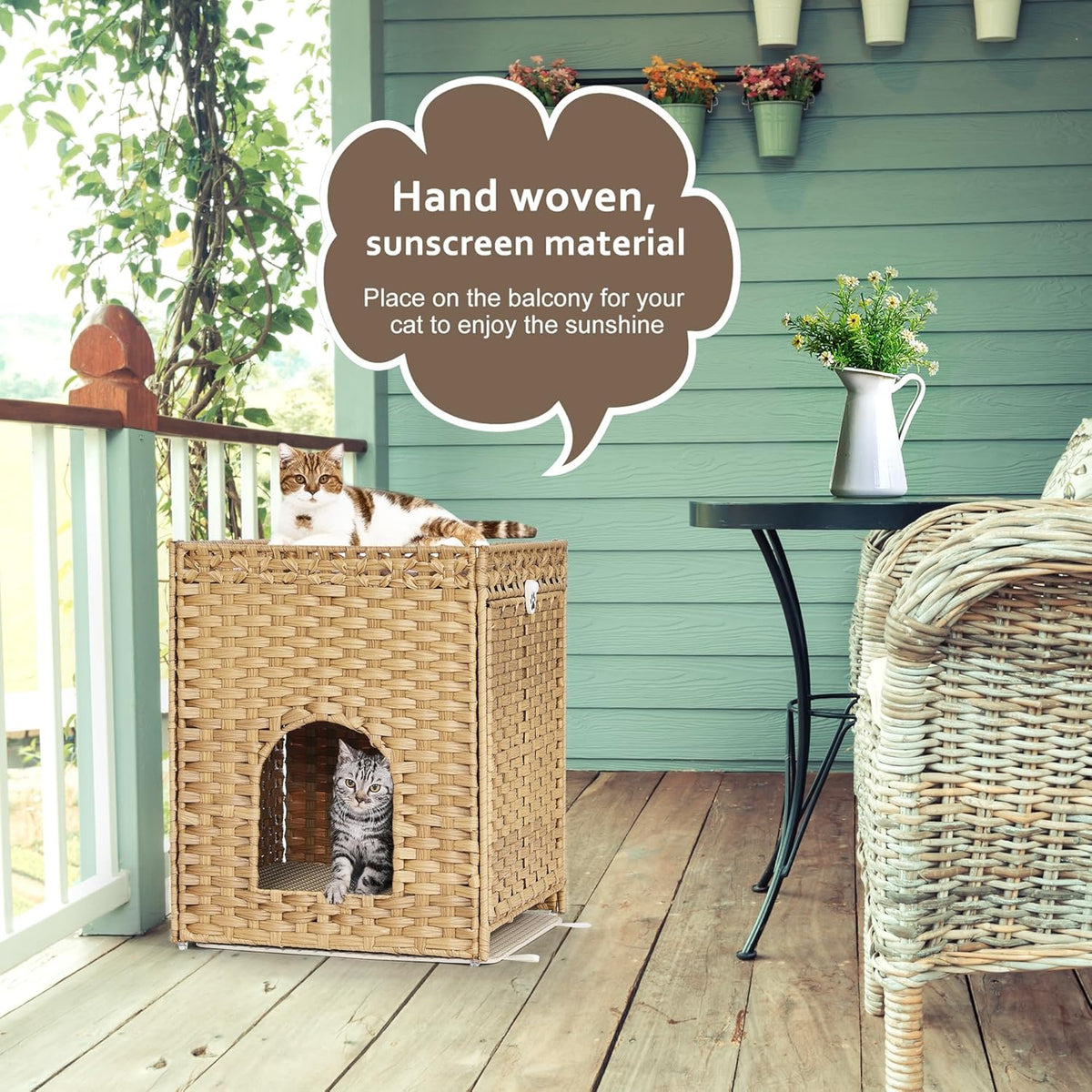 Cat Litter Box Enclosure with Soft Litter Mat; Hidden Cat Washroom Furniture with Door; Handwoven Rattan Cat House; Pet Crate for Living Room, Bedroom, Balcony (Natural)