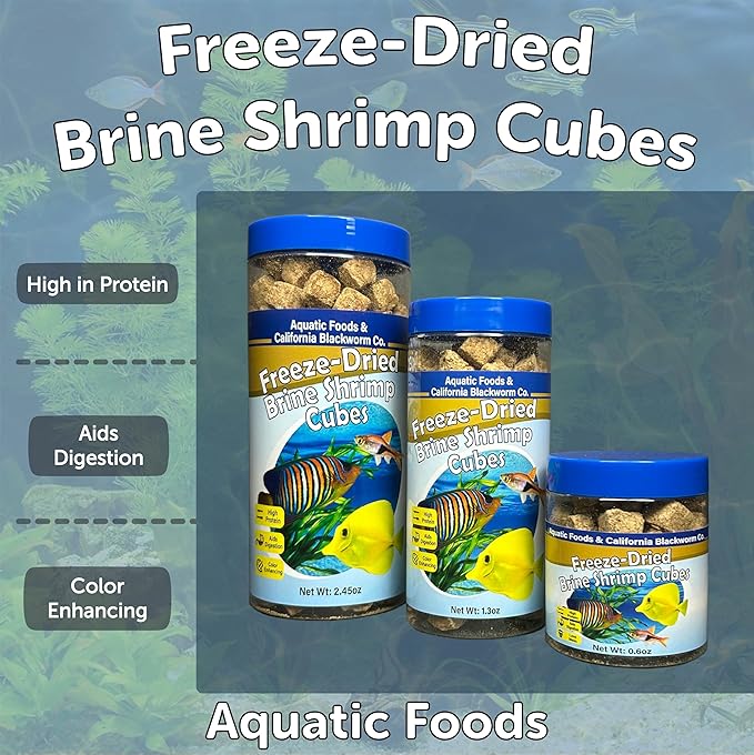 Aquatic Foods Inc. Brine Shrimp, Freeze Dried Floating Brine Cubes for Cichlids, Discus, Tetras, Goldfish, Bettas, Angels, Marines, All Tropical Fish, Aquatic Turtles 0.6oz Canister
