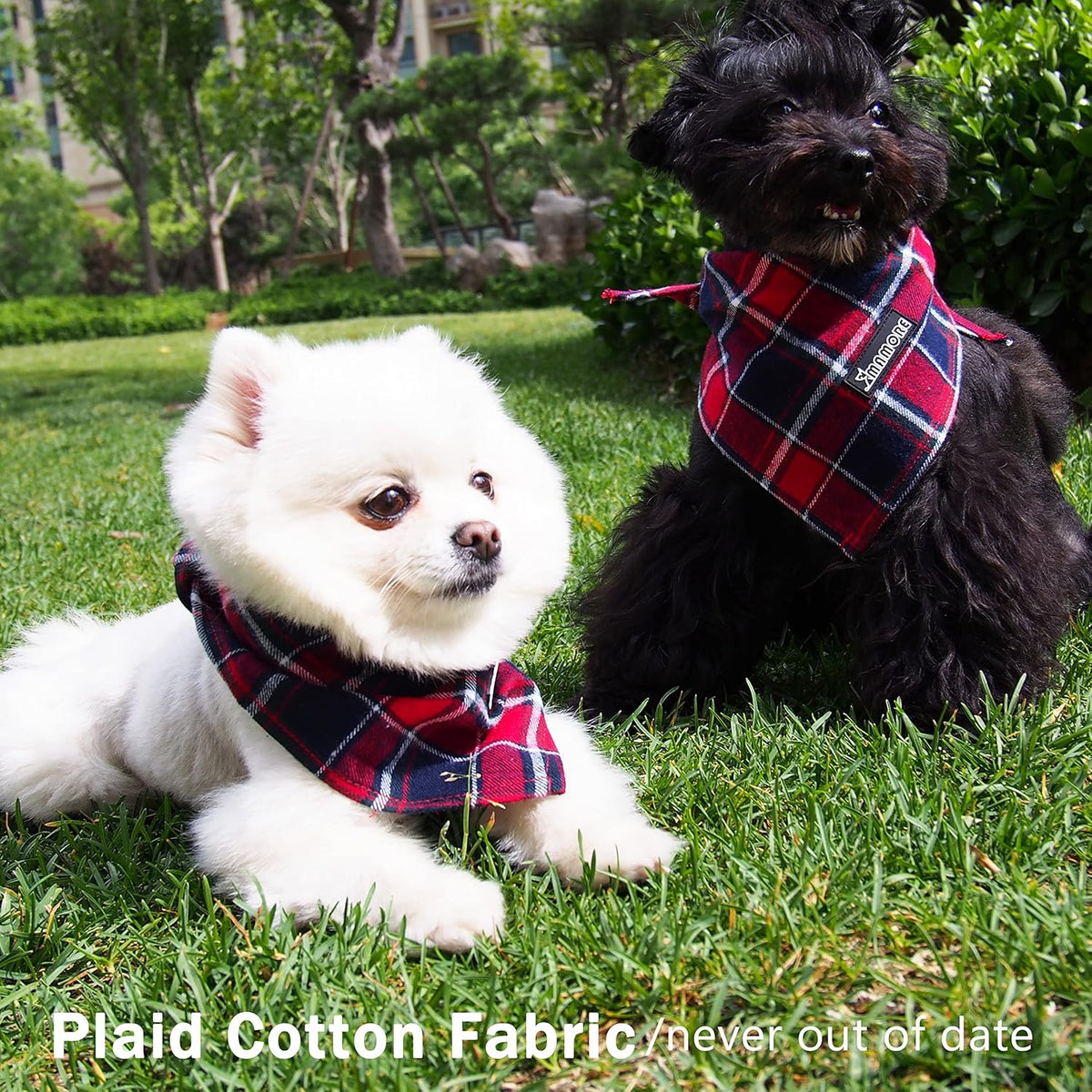 Adjustable Plaid Dog Bandanas,1PC Soft Washable Cotton Triangle Bib Kerchief Scarfs for Small Medium Large Dogs and Cats (Brown&Blue, Large)