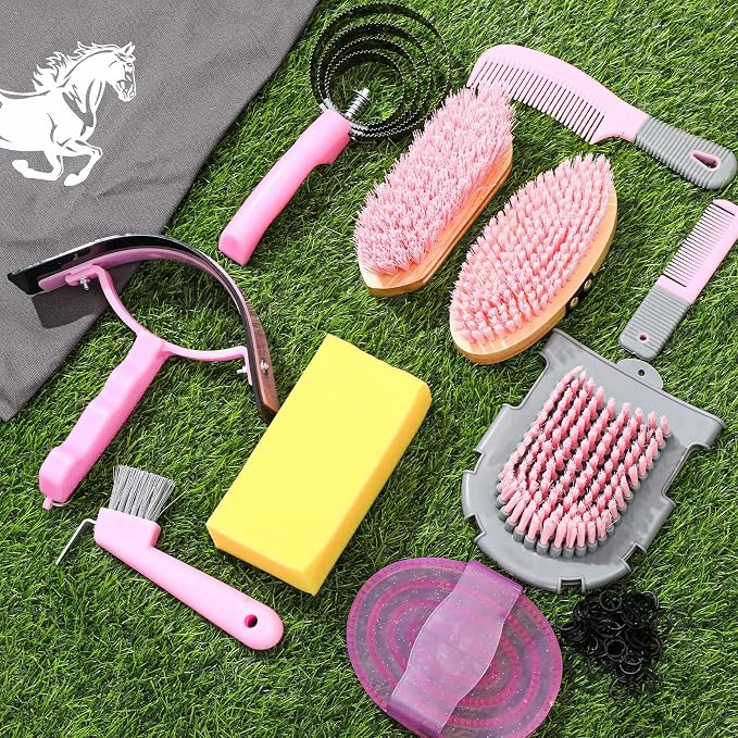Abbylike 12 Pieces Horse Grooming Kit Racing Festival Tack Room Supplies Horse Brush Sets Equine Care Cleaning Kit Shedding Grooming Massaging Tools(Pink and Grey)