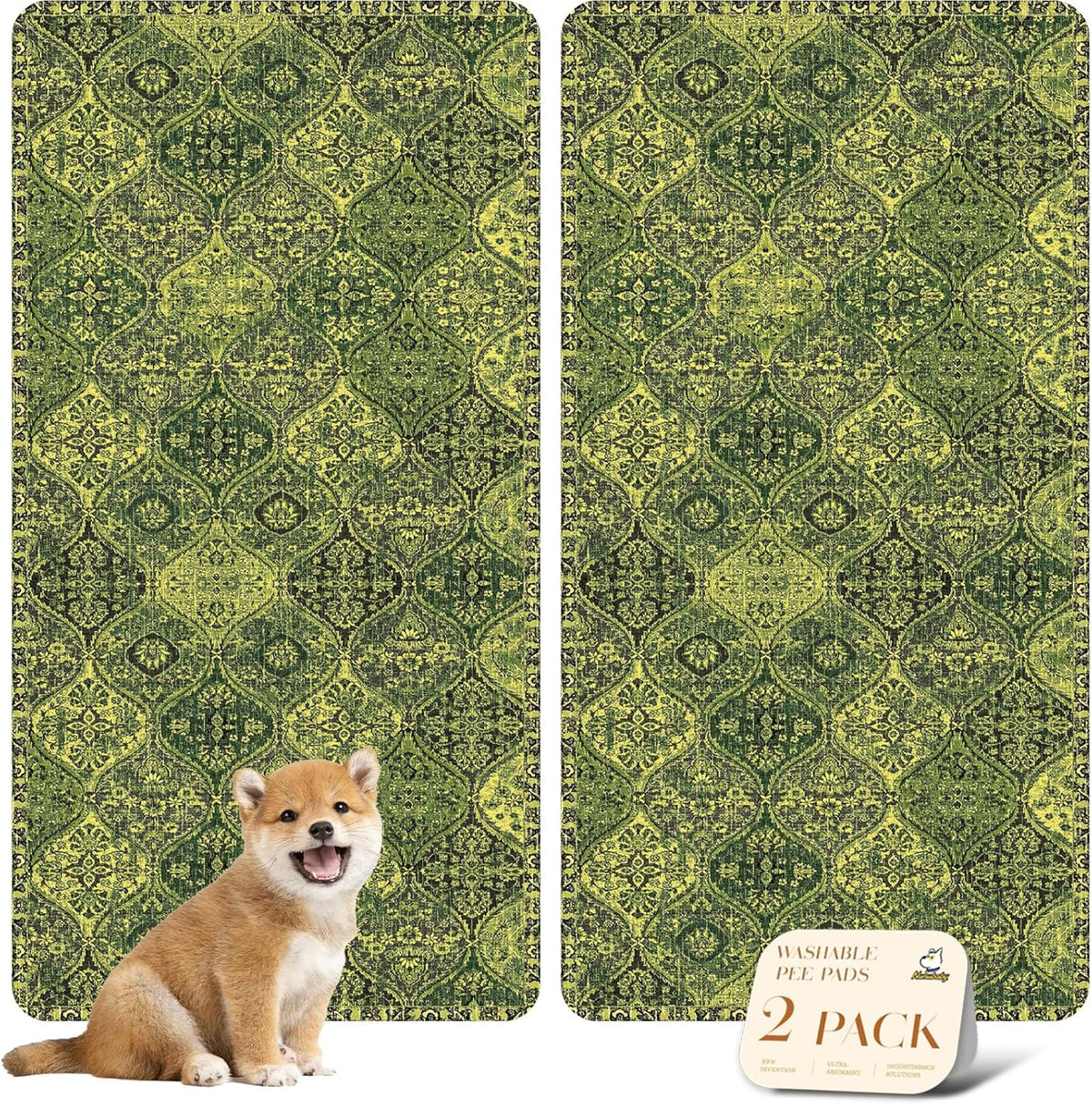 nunubaby Washable Pee Pads for Dogs, Stylish, Non-Slip and Leak-Proof Pee Pads. Reusable Potty Pads for Dogs for Crates and Floors.(Green/Multi, 24" x48")