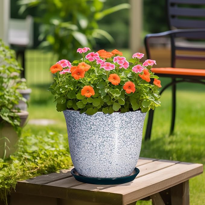 12 Inch Pot for Plants- Ceramic Planter Indoor Outdoor, Round Large Plant Pots with Drainage Hole and Saucer, Decorative Flower Pots, Modern Planter, Garden Decor, Plant Lovers Gifts, Green