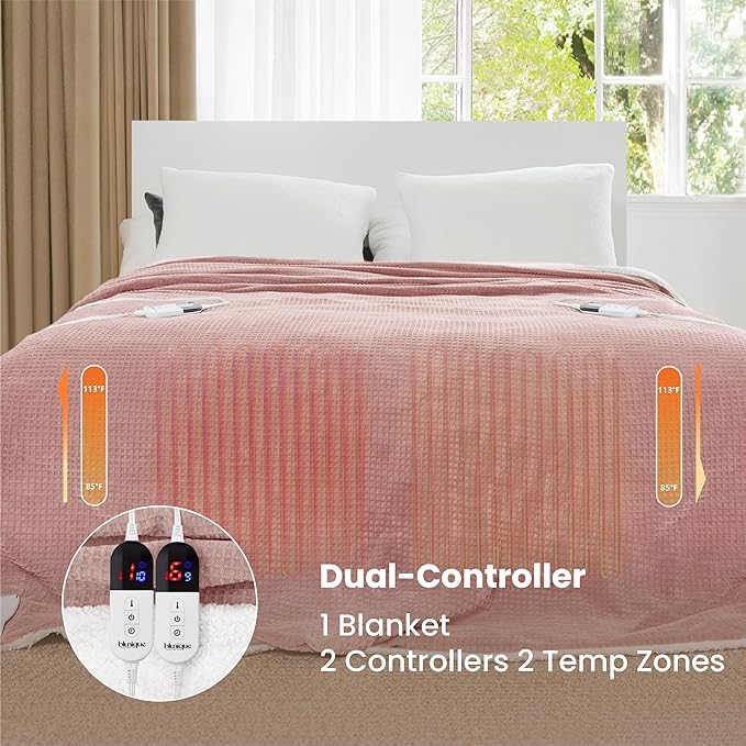 Heated Blanket Electric Blanket Queen Waffle, 84x90 Inches Dual Controllers