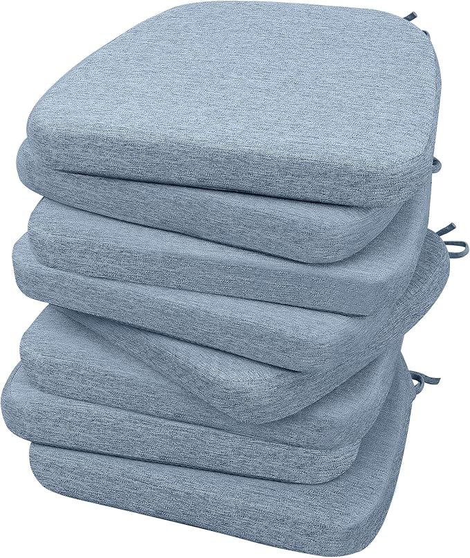 AAAAAcessories D-Shaped Chair Cushions, 2" Thick Dining Chair Pads with Ties and Removable, Machine-Washable Cover, 17" x 16", Set of 8, Light Blue