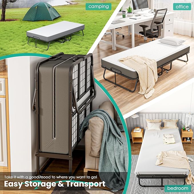 Greenvelly Folding Bed with 5 Inch Mattress, 75” x 38” Portable Rollaway Bed with Memory Mattress and Metal Frame for Adults,Guest, Twin Size,Cot Size
