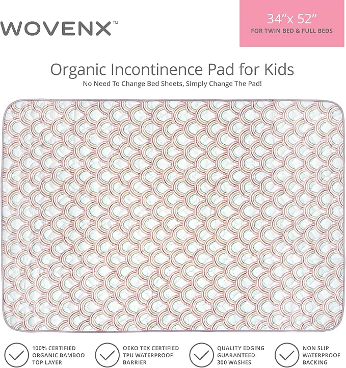 Organic Incontinence Pads for Kids & Toddlers - 5 Layer Waterproof Protectors for Overnight Bed Wetting - Reusable & Washable Pee Pads - Fits Twin to Full Size Beds - 34" x 52" Rainbow