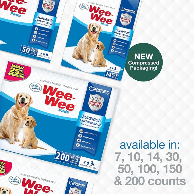 Four Paws Wee-Wee Superior Performance Dog Pee Pads, 50 Count | Quilted leak-proof puppy pads, dog housebreaking & potty training, 24-hour floor protection, pet supplies, 22" x 23"