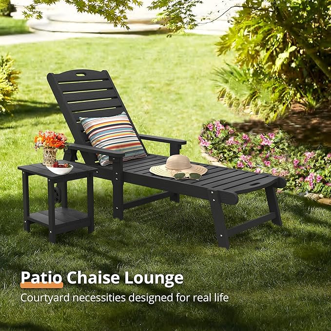 LUE BONA Outdoor Chaise Lounge, HDPS Chaise Lounger, 5 Positions Adjustable Lounge Chairs, Pool Lounge Chair with Wheels for Poolside, Backyard, Black