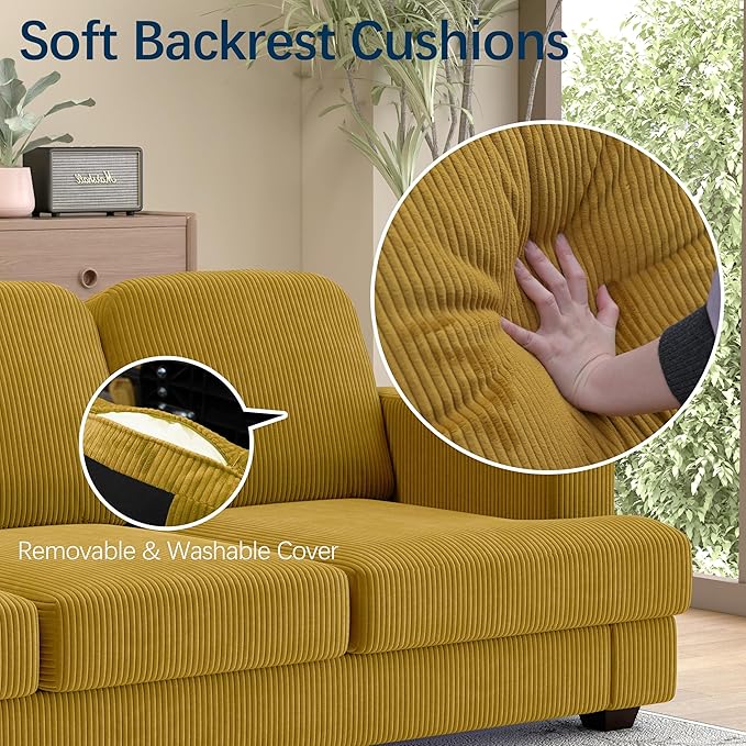 WiberWi 87 inch Couches for Living Room, Comfy 3 Seater Sofa with Deep Seat, Modern Corduroy Couch with Wide Armrests, Upholstered Backrests with Removable Cover, Mustard