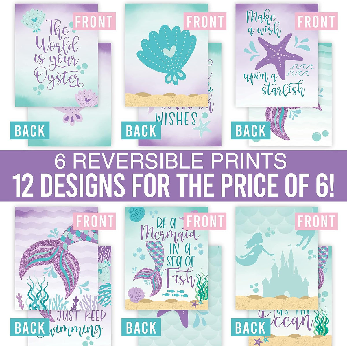 Hadley Designs 6 Mermaid Wall Decor – Reversible Magical Mermaid Wall Art for Nursery & Bathroom, Under the Sea Unframed Ocean-Themed Room Decor Prints for Girls' Bedroom