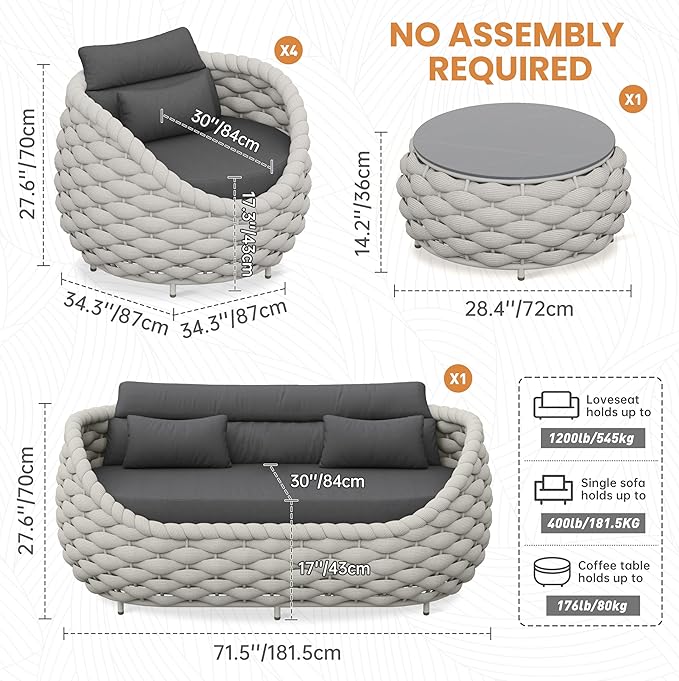 Erotr 6 Pieces Rope Patio Furniture Set: Aluminum Outdoor Couch Set Cushioned - Assembled Conversation Sofa Set Modern - Metal Porch Seating for 7 Person - All Weather for Deck Garden Poolside Hotel