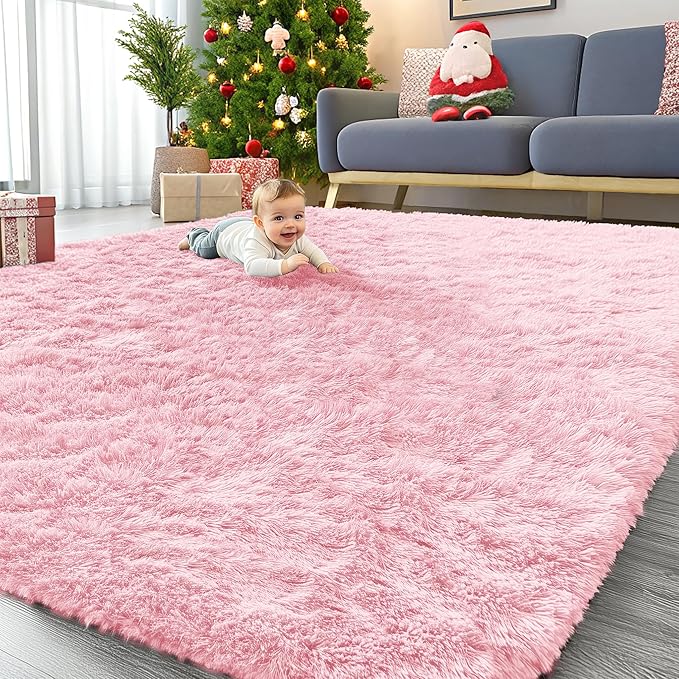 OLANLY 9x12 Machine Washable Large Area Rugs for Living Room, Bedroom, Soft Fluffy Shaggy Bedside Rug, Indoor Floor Carpet for Kids Girls and Boys, Dorms, Nursery, Home Decor Aesthetic, Pink