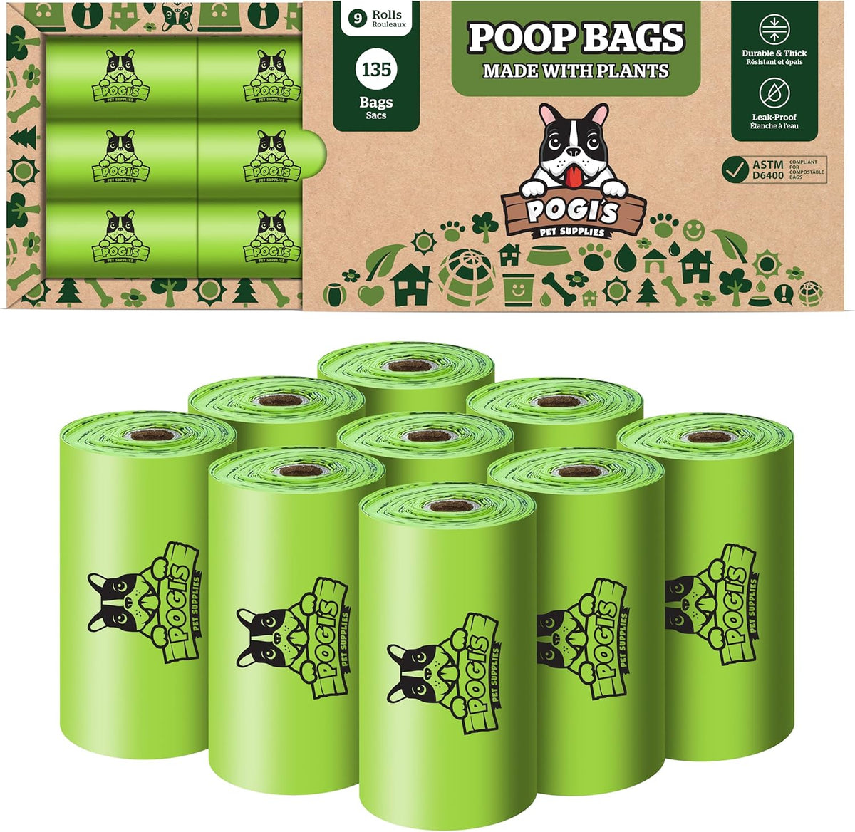 Pogi's Compostable Poop Bags – Leak-Proof, Extra-Large, Made with Plants – 9 Rolls (135 Bags)