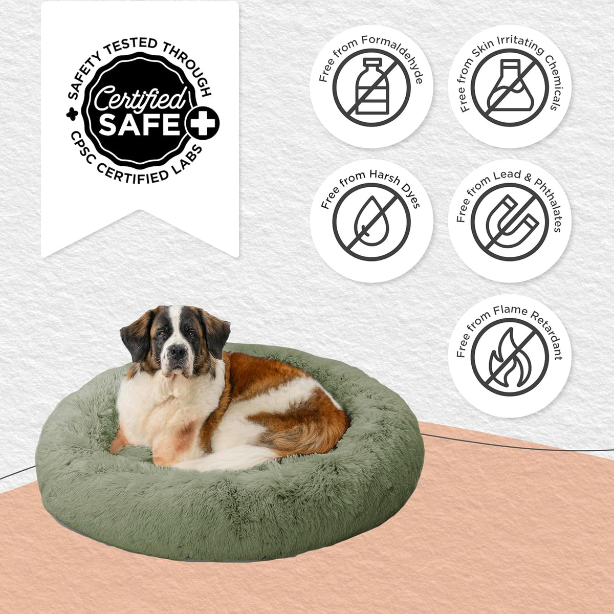 Best Friends by Sheri Original Calming Donut Dog and Cat Bed, Shag Faux Fur, Sage Green, XL (45in x 45in) - Anxiety Relief for Pets Up to 150 lbs
