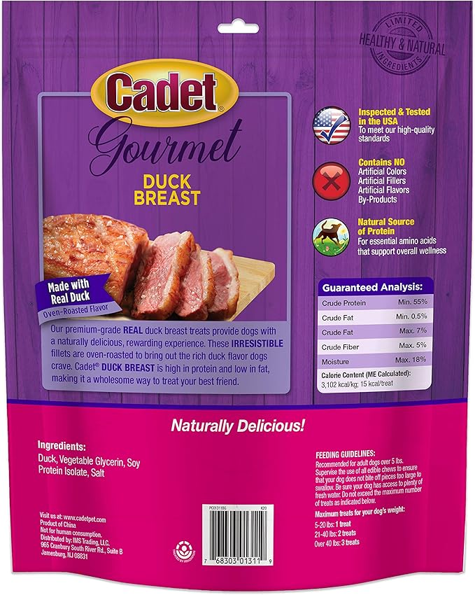 Cadet Gourmet Duck Breast Jerky Dog Treats, Healthy, Long-Lasting High-Protein Training Treats for Small & Large Dogs, 28 oz.