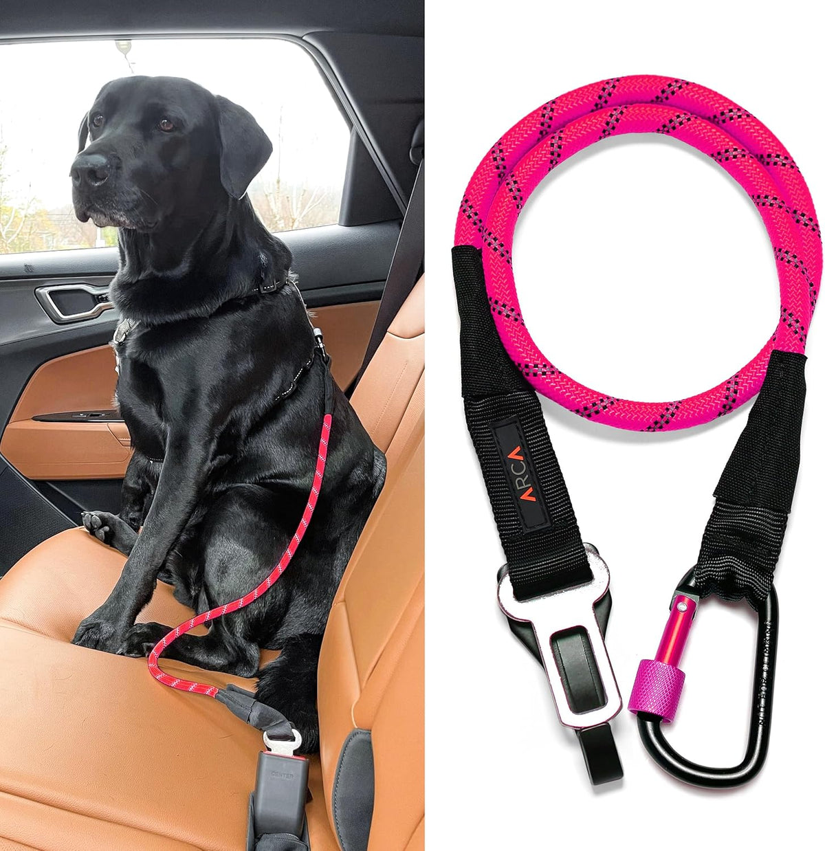 Dog Seat Belt for Car | Universal Dog Car Seatbelt | Durable Reflective Rope with Clip Hook Latch, Buckle and Carabiner- Safe and Secure Pet Safety Restraint (Pink)