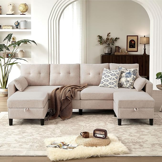 101" Convertible Sectional Sofa, Modern Linen Fabric U-Shaped Couch with 2 Storage Ottomans and Storage Pocket, 4 Seat Sofa Couches for Living Room, Apartment, Office, Beige