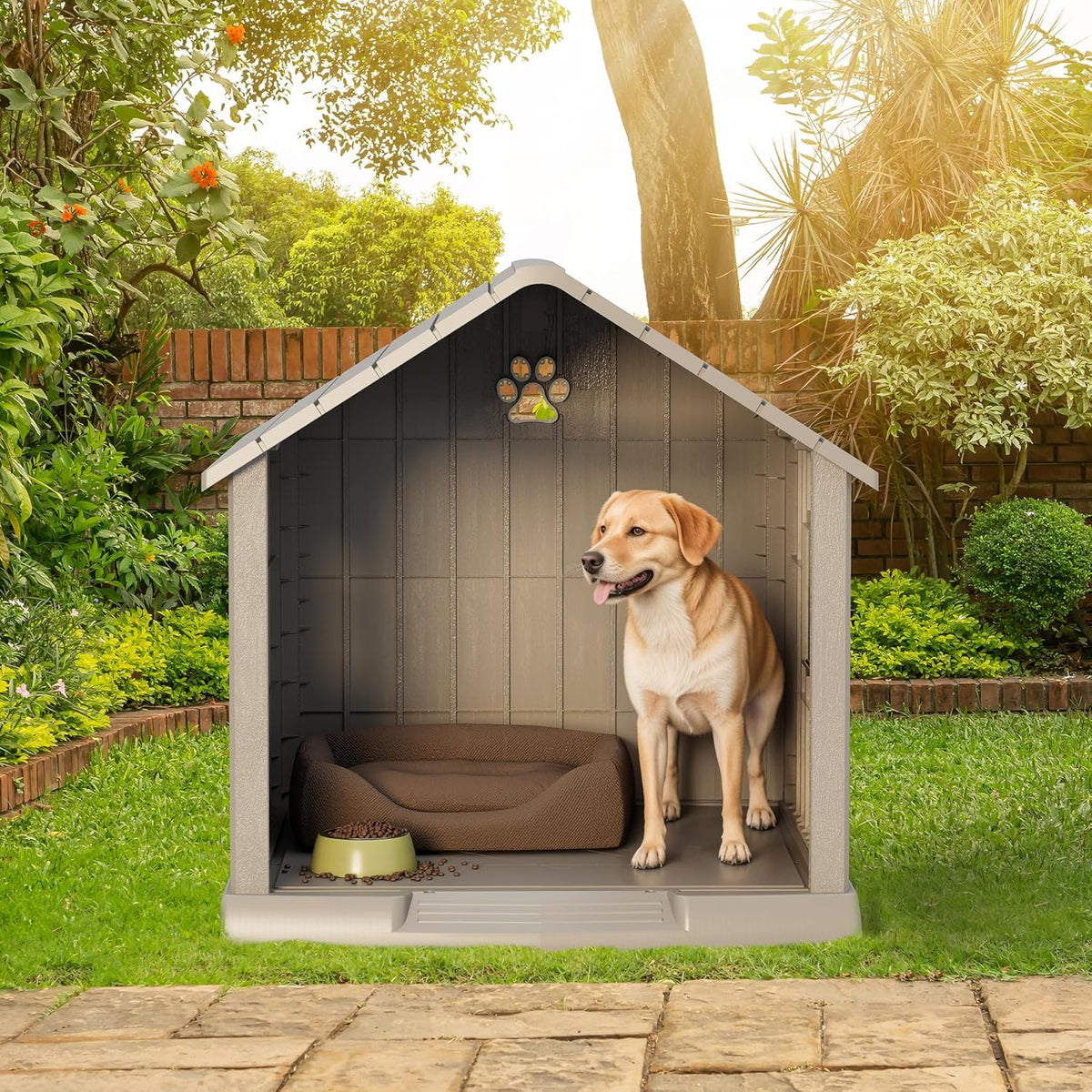 Large Dog House Outdoor Indoor for Medium Large Dogs, Durable Plastic Waterproof Doghouse with Air Vents and Elevated Floor, Easy Clean and Assemble (Grey, 31" L x 33.3" W x 33.5" H)