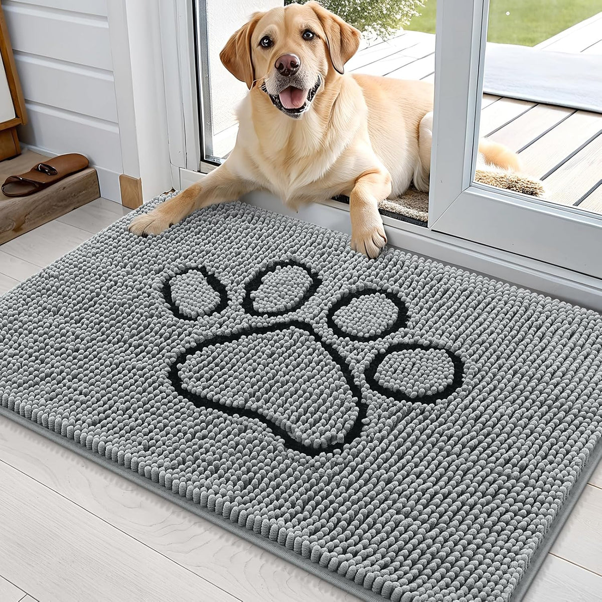 OLANLY Door Mat for Muddy Dog Paws 36x24, Ultra Absorbent Chenille Mud Doormat with Paw Print Design, Non-Slip Washable Doormat for Indoor Entryway, Quick-Dry Pet Bed Mats for Dirty Dogs, Grey