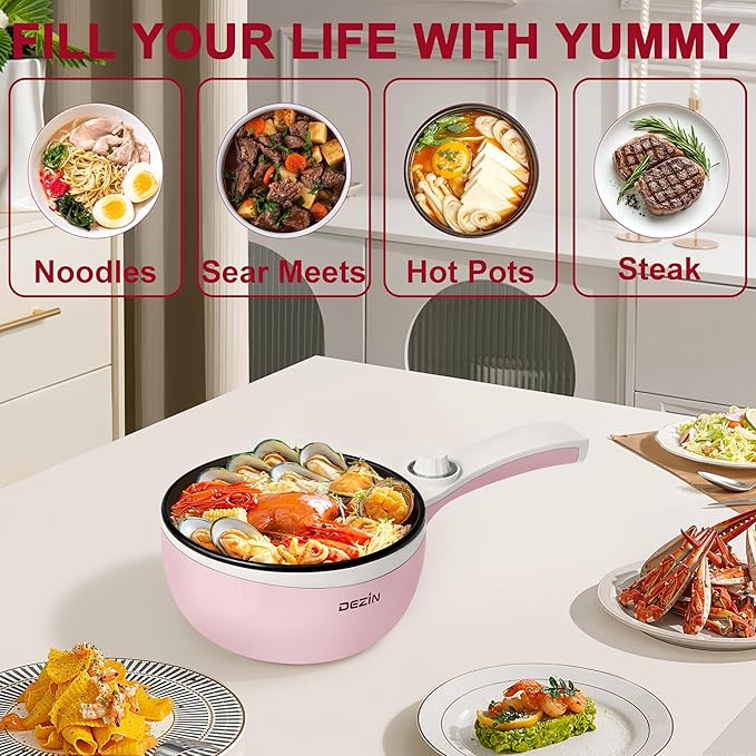 Dezin Hot Pot Electric Upgraded, Non-Stick Sauté Pan, Rapid Noodles Electric Pot