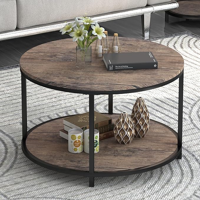 NSdirect Round Coffee Table, 25.6" Small Coffee Table for Living Room,2-Tier Rustic Wood Desktop with Storage Shelf Modern Design Home Furniture(Light Walnut)