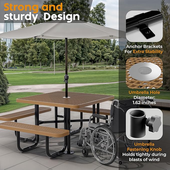 Metal Picnic Tables for Outdoors with Umbrella Hole - Coated Steel Heavy Duty Commercial Grade Furniture with Adjustable Seats (Brown, 46 in, Square, Expanded Steel)