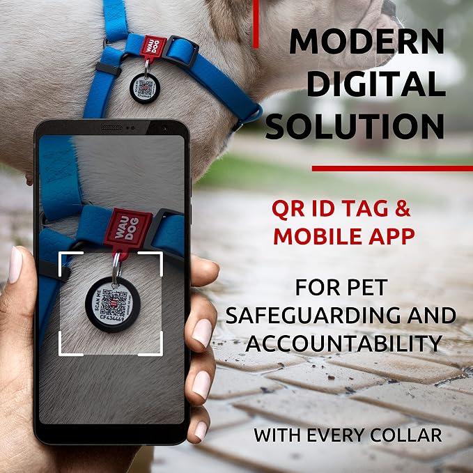 WAUDOG Waterproof Adjustable Dog Harness - Heavy Duty Harness with Metal Clasp and QR Tag - Blue (24-35in)