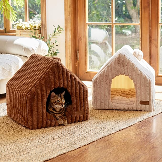 FUKUMARU Cat Bed Cave, Enclosed Washable Covered Dog Bed with Support Frame | Large Cat House for Indoor Cats, Cozy Cat Hideaway for Anxious Cats, Soft Plush Faux Fur Cat Tent Bed, Non-Slip Bottom, Brown
