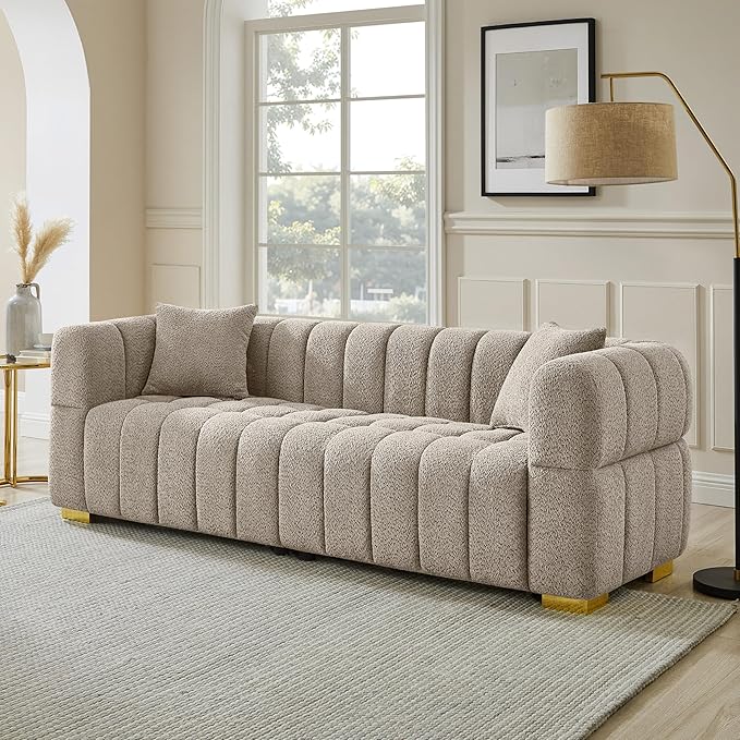 VANOMi 90.94”Cloud Sofa Couch, Modern Deep Seat Boucle Sofa, Oversized Upholstered 3-Seater Comfy Couch Loveseat for Living Room, Bedroom, Office, Apartment, Camel (1 Piece)