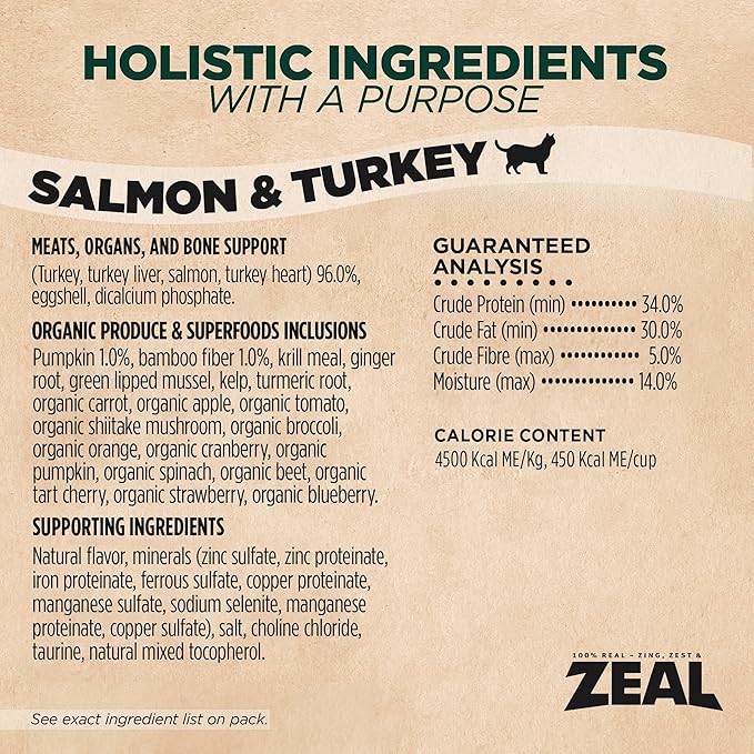 ZEAL Canada Air-Dried Salmon & Turkey Recipe for Cats - Superfood Omega-3 Rich, Dual-Protein, Grain Free, No Fillers, Complete Nutrition (Salmon & Turkey, 5 oz)