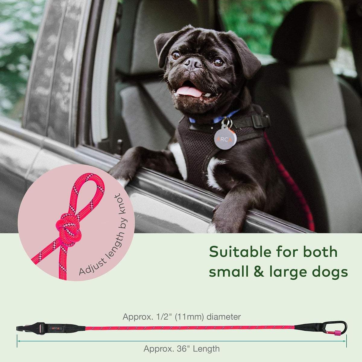 Dog Seat Belt for Car | Universal Dog Car Seatbelt | Durable Reflective Rope with Clip Hook Latch, Buckle and Carabiner- Safe and Secure Pet Safety Restraint (Pink)