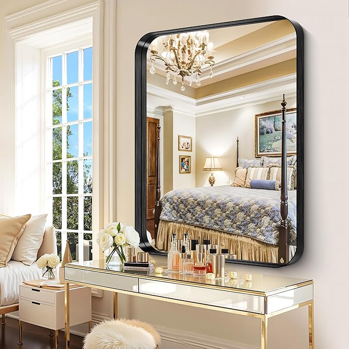 CIRCUMI Black Bathroom Mirror, Rounded Corner, Tempered Glass, Large Mirror