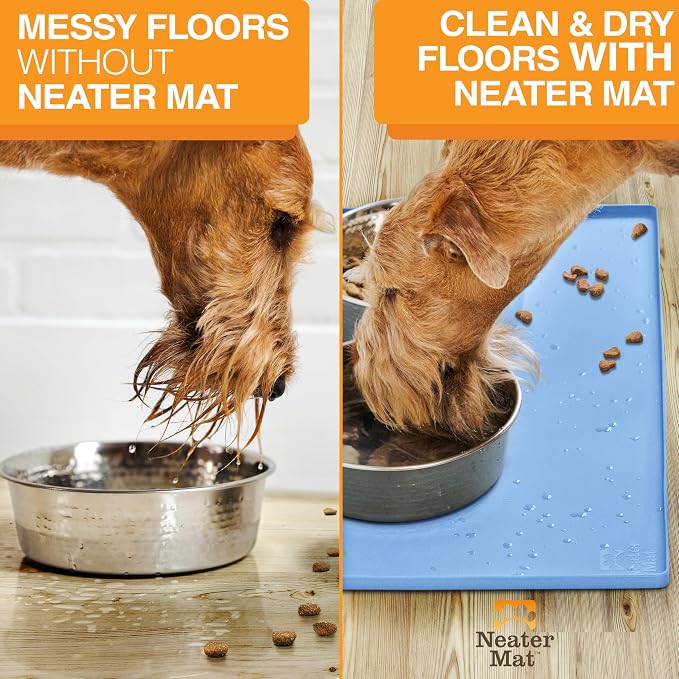 Neater Pet Brands Neater Mat Pet Mats for Food and Water, Cat & Dog Bowl Mat Waterproof Silicone, Feeding Tray, Dog Food Mats for Floors, Placemat w/Raised Edge for Under Bowls, 32" x 24", Light Blue
